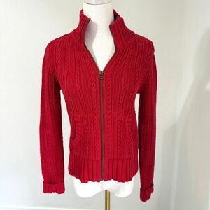 Y2K Vintage Polo Jeans Ralph Lauren Cable Knit Full Zip Sweater Red Small Preppy